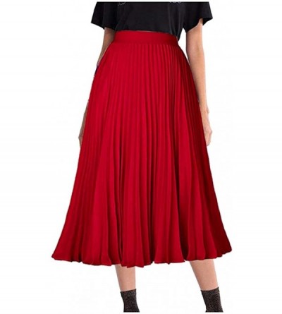 Baby Dolls & Chemises Women's High Waist Pleated A-Line Swing Skirt Chiffon Multilayer Solid Skirt - Red - CS197H0RTNW $21.52