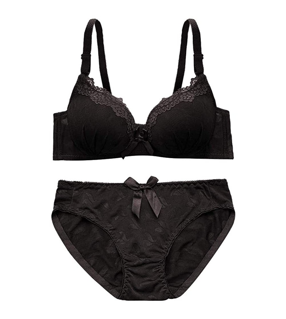 Bras Women's Push Up Embroidery Bras Set Wire Free Lace Bra and Matching Panty for Women Girls - Black - C218RCQ0A05 $10.43