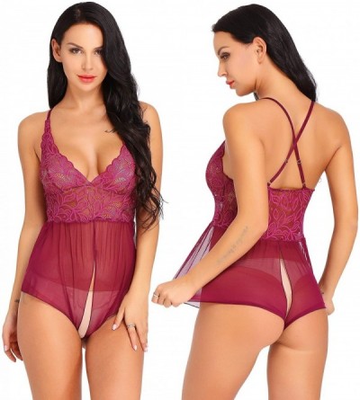 Baby Dolls & Chemises Women's Sexy Lace Teddy Bodysuit One Piece Lingerie Outfits Soft Nighties - Fba-burgundy - C318R47MLH2 ...