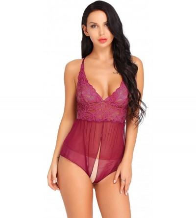 Baby Dolls & Chemises Women's Sexy Lace Teddy Bodysuit One Piece Lingerie Outfits Soft Nighties - Fba-burgundy - C318R47MLH2 ...