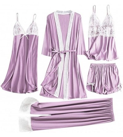 Baby Dolls & Chemises Womens Lingerie Sexy Satin Pajamas Set 5pcs Nightgown Chemise with Robe Set Sexy Lace Nightwear Home Cl...