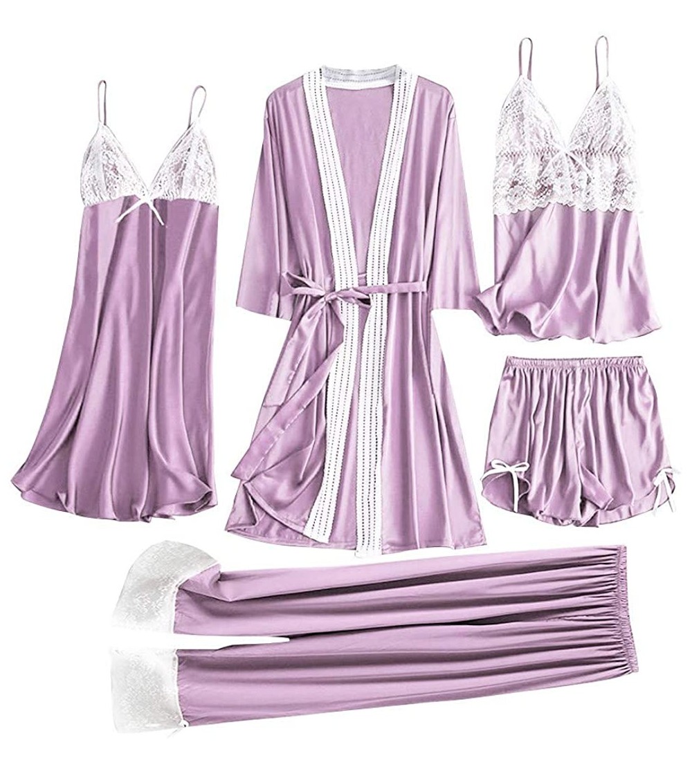 Baby Dolls & Chemises Womens Lingerie Sexy Satin Pajamas Set 5pcs Nightgown Chemise with Robe Set Sexy Lace Nightwear Home Cl...