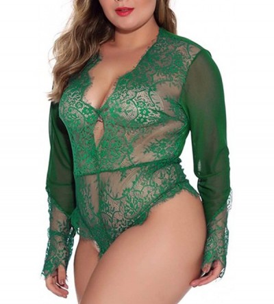 Accessories Lingerie for Women Plus Size Long Sleeves Underwear Lace Pajamas One-Piece Garment Multicolor XL-XXXXL - Green - ...