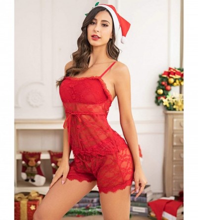 Baby Dolls & Chemises Women Sexy Camisole and Shorts Set Floral Lace Lingerie Sleepwear Pajamas - Wine Red - CK1886T2QQW $21.96